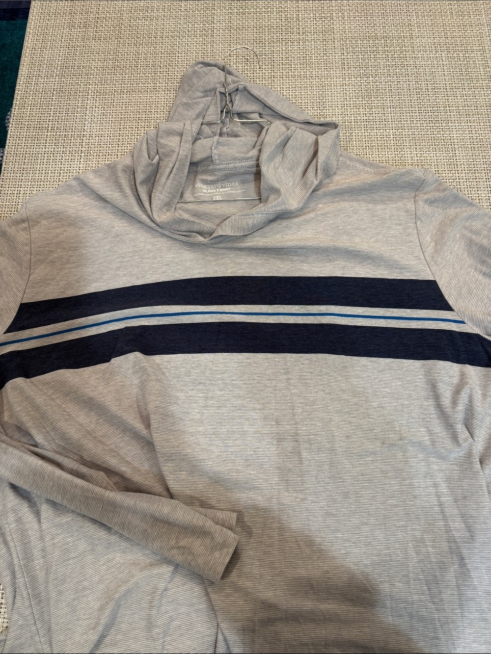 Vineyard Vines Gray Hooded Top with Navy and Light Blue Stripes